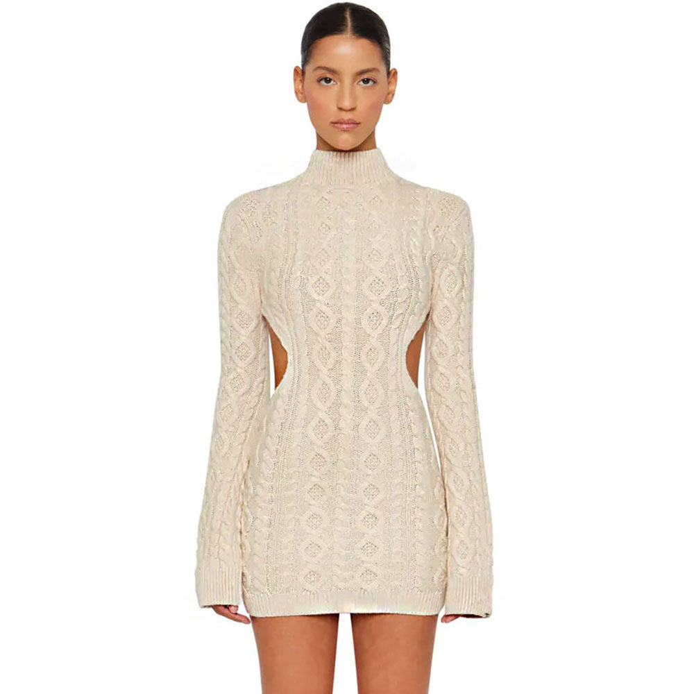 Sexy Apricot High Neck Fisherman Cable Knit Cutout Sweater Mini Dress