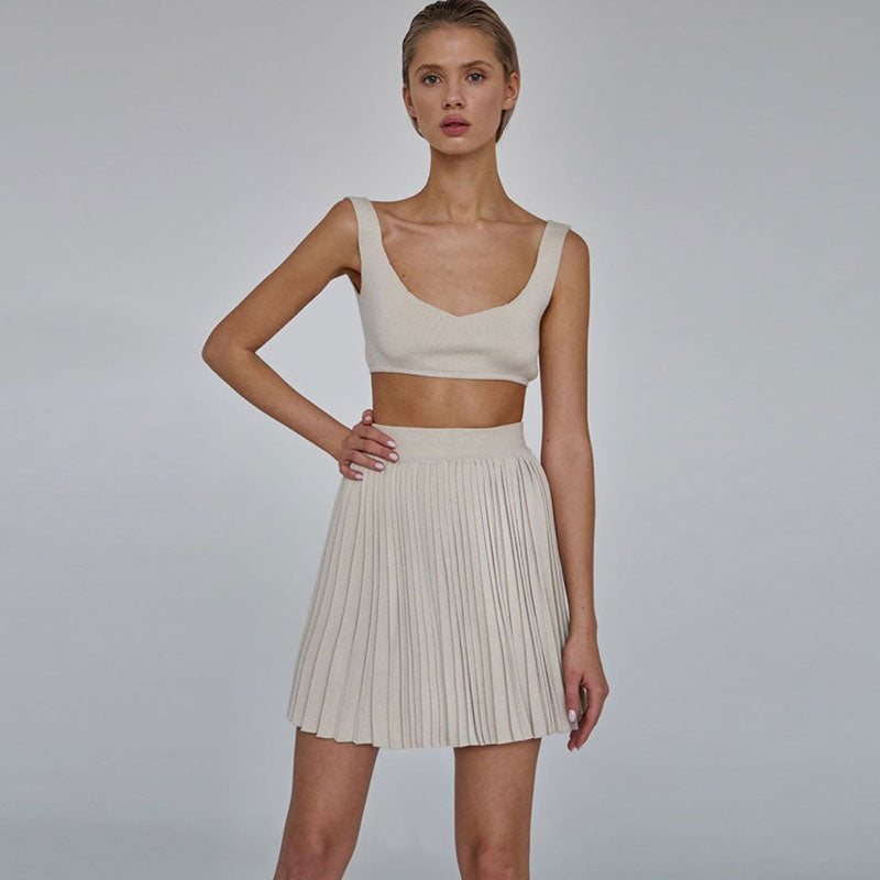 Sexy Knit Bralette Top and Pleated Mini Skirt Matching Set