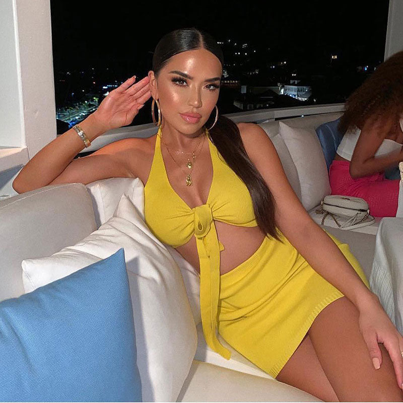 Sexy Yellow Knit Super Cropped Wrap Top and Mini Bodycon Skirt Matching Set