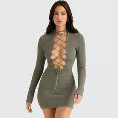 Sexy Lace Up Neck Tie Front Cutout Rib Knit Long Sleeve Sweater Mini Dress