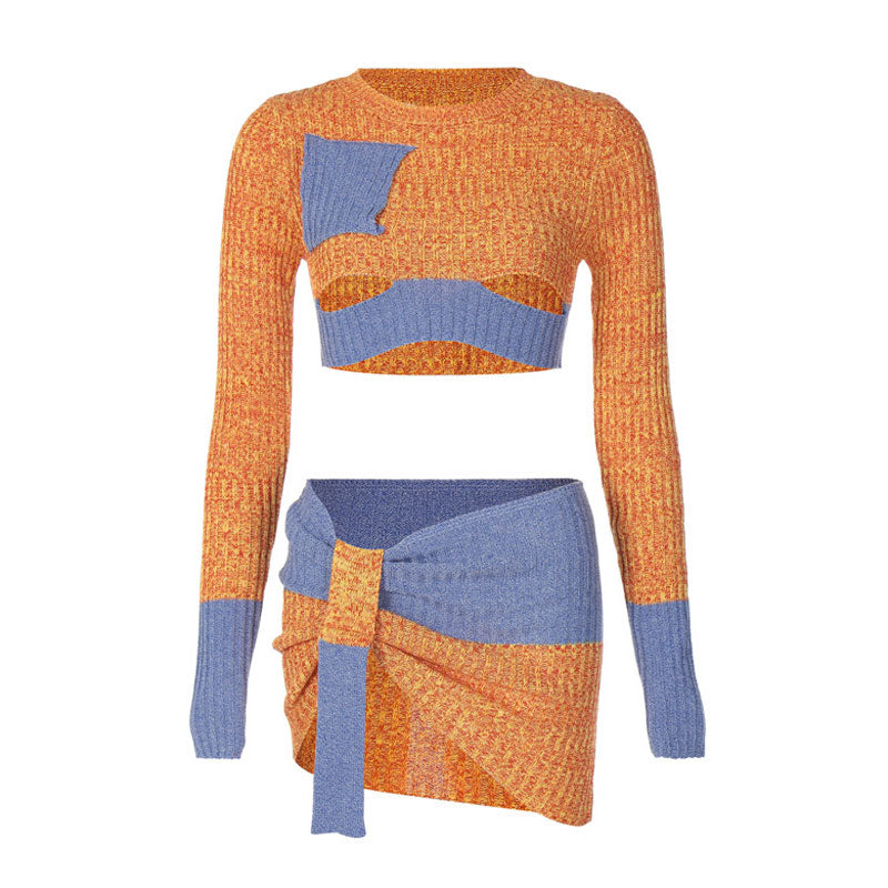 Sexy Marled Knit Cutout Underboob Crop Sweater and Knit Skirt Matching Set