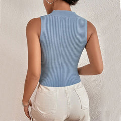 Sexy Mock Neck Cross Front Cutout Ribbed Knit Baby Blue Crop Tank Top