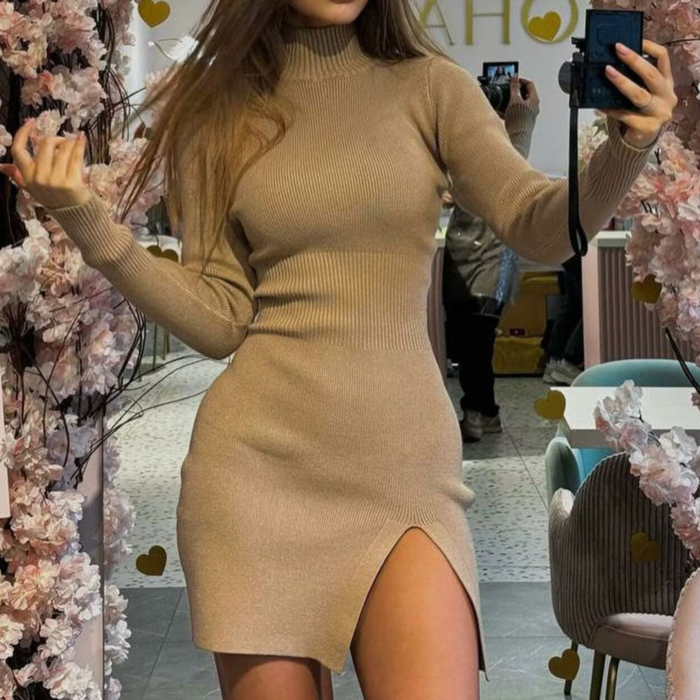 Sexy Ribbed Knit High Neck Long Sleeve Split Bodycon Sweater Mini Dress