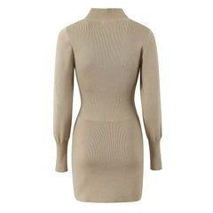 Sexy Ribbed Knit High Neck Long Sleeve Split Bodycon Sweater Mini Dress