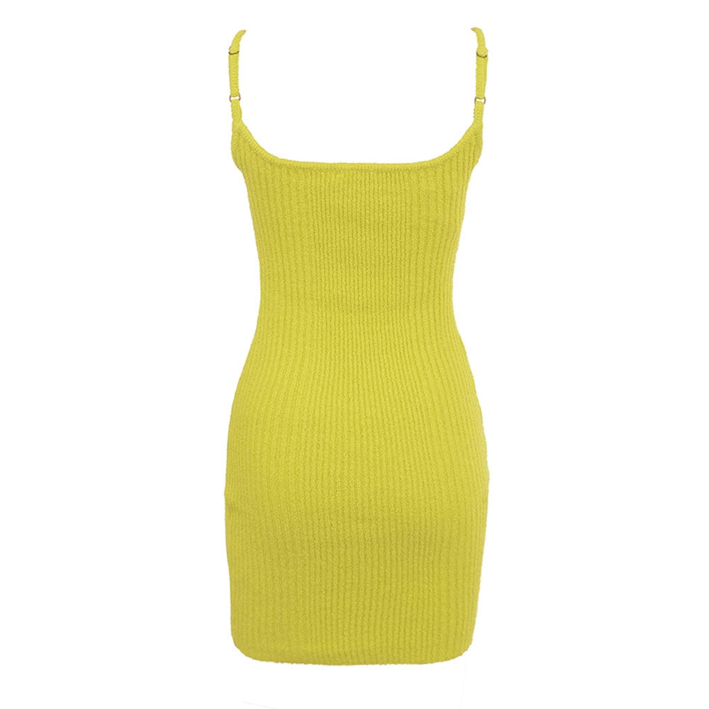 Sexy Square Neck Spaghetti Strap Buckle Ribbed Knit Bodycon Slip Mini Dress