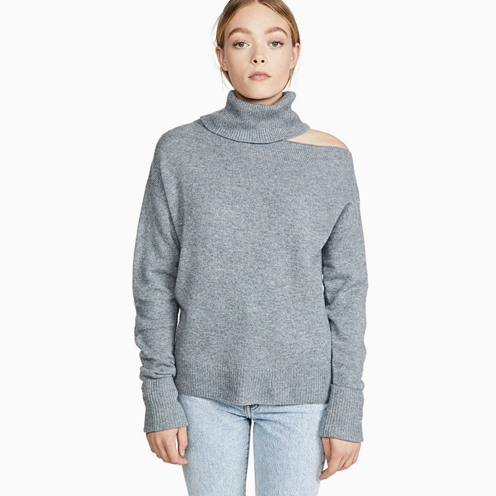 Sexy Turtleneck Asymmetric Cold Shoulder Long Sleeve Knit Top