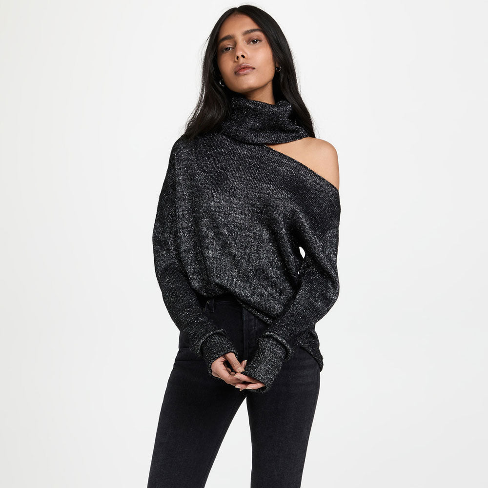 Sexy Turtleneck Asymmetric Cold Shoulder Long Sleeve Knit Top