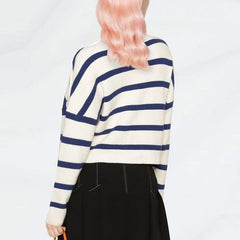 Silver Tone Buttoned Detail Crew Neck Blue and White Striped Sweater