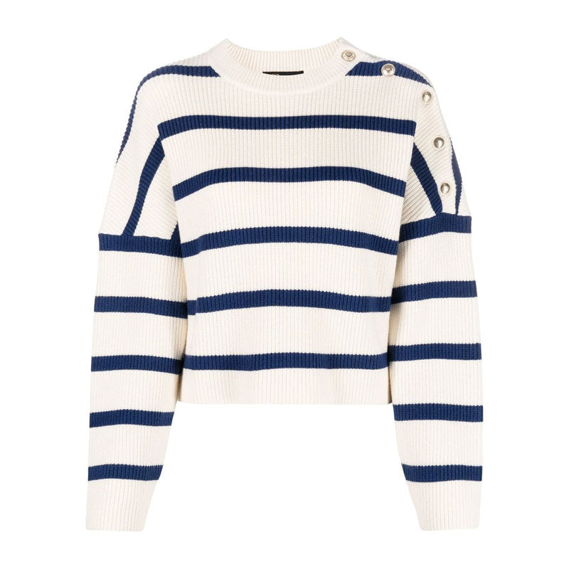 Silver Tone Buttoned Detail Crew Neck Blue and White Striped Sweater