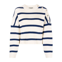 Silver Tone Buttoned Detail Crew Neck Blue and White Striped Sweater