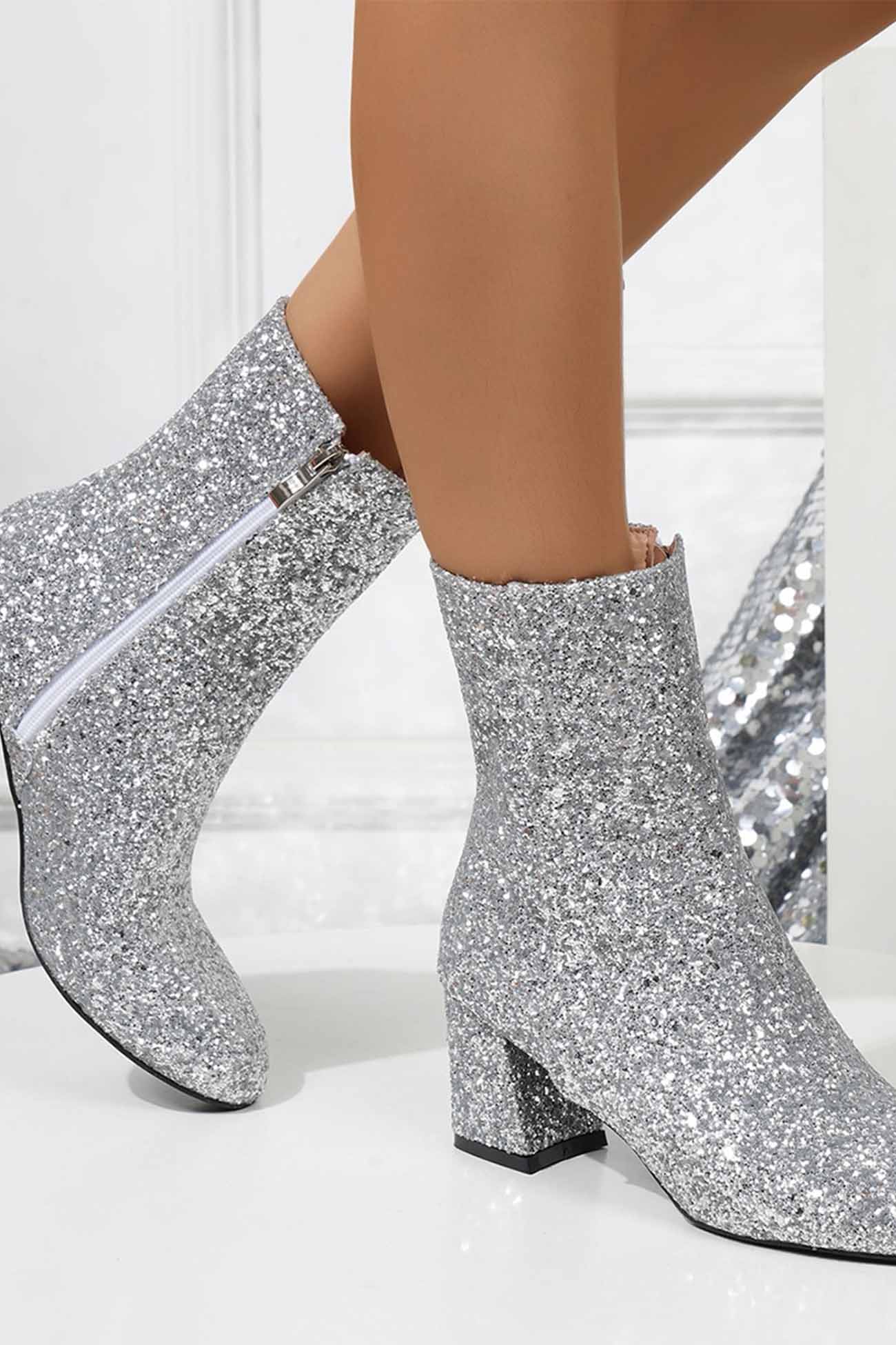 New Fashion Spring Outfit Sequined Block Heels Ankle Heels