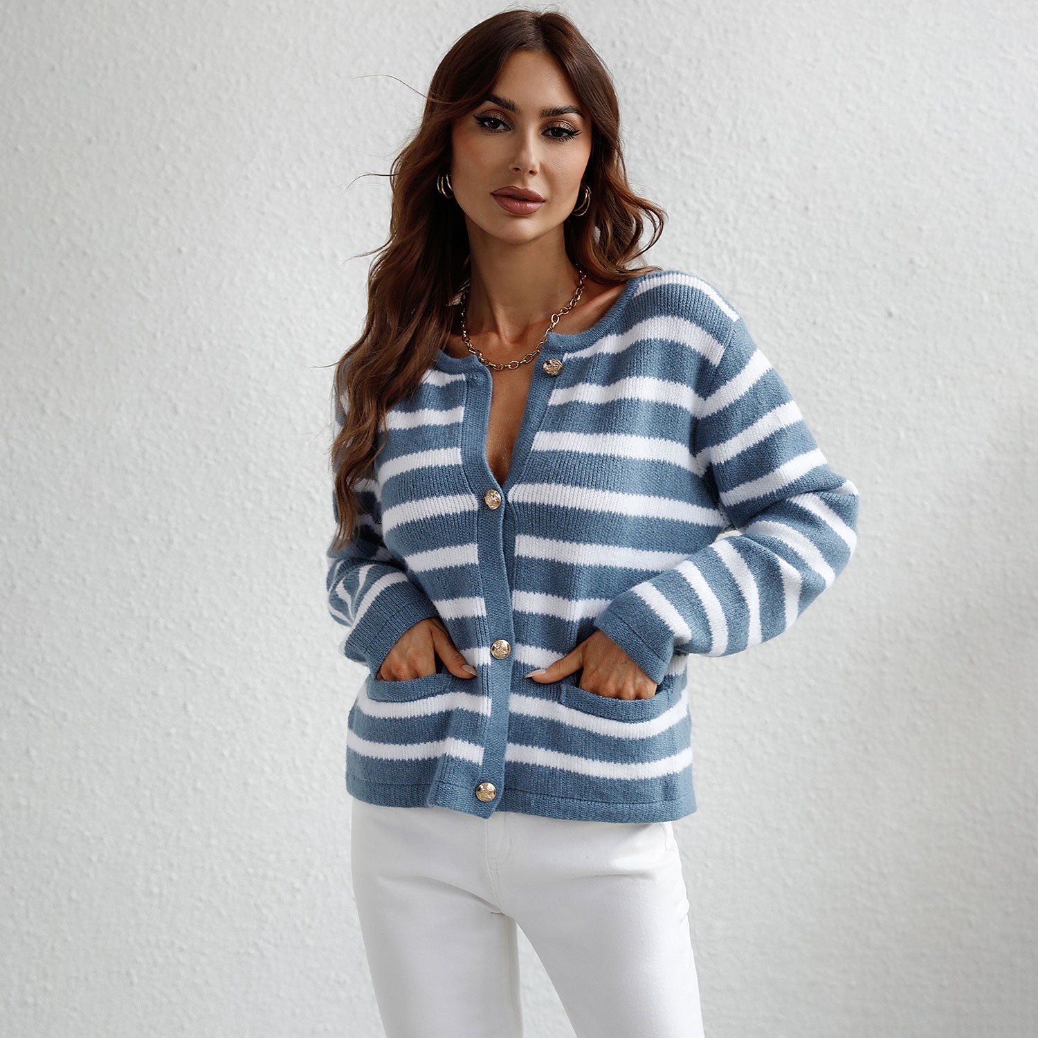 Simple Crew Neck Gold Tone Button Front Long Sleeve Striped Knit Cardigan