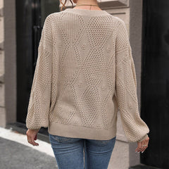 Simple Crew Neck Rhombus Open Knit Drop Shoulder Bishop Sleeve Pullover Knit Sweater