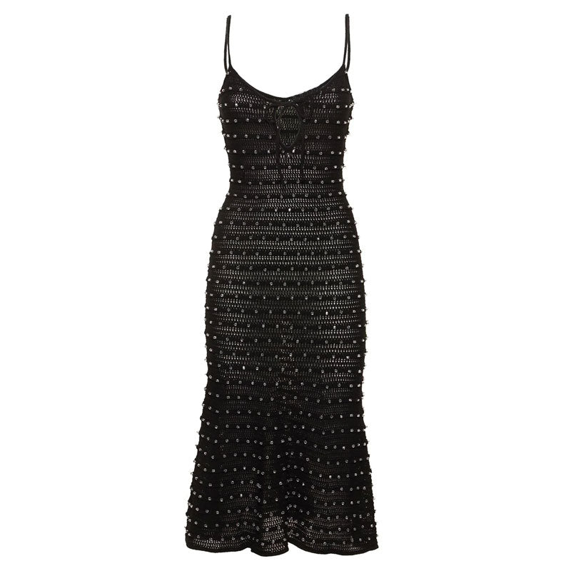 Sparkly Crystal Embellished Cami Keyhole Cutout Black Openwork Knit Midi Dress