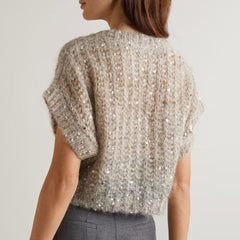 Sparkly Gradient Mohair Crew Neck Drop Shoulder Cropped Sequin Sweater Vest