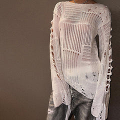 Street Style Boat Neck Long Sleeve Oversized Openwork Ripped Knit Sweater