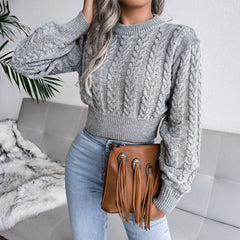 Street Style Crew Neck Long Sleeve Pullvoer Cable Knit Sweater