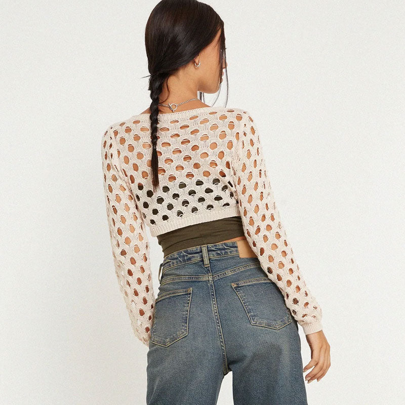 Street Style Distressed Detail Crew Neck Long Sleeve Open Knit Crop Top