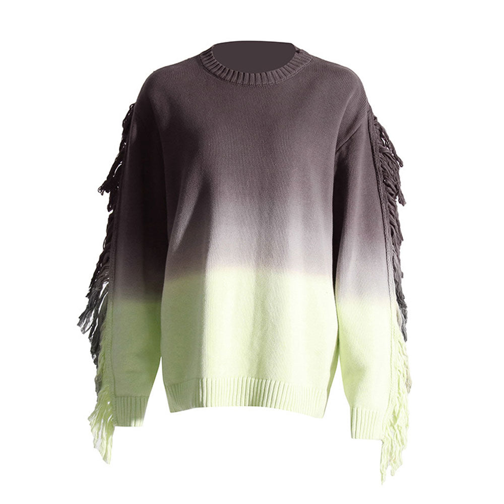 Street Style Gradient Rib Knit Round Neck Tassel Trim Oversized Sweater