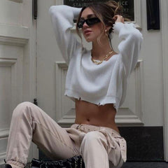 Street Style Off The Shoulder Long Sleeve Ripped Cropped Pullover Knit Sweater