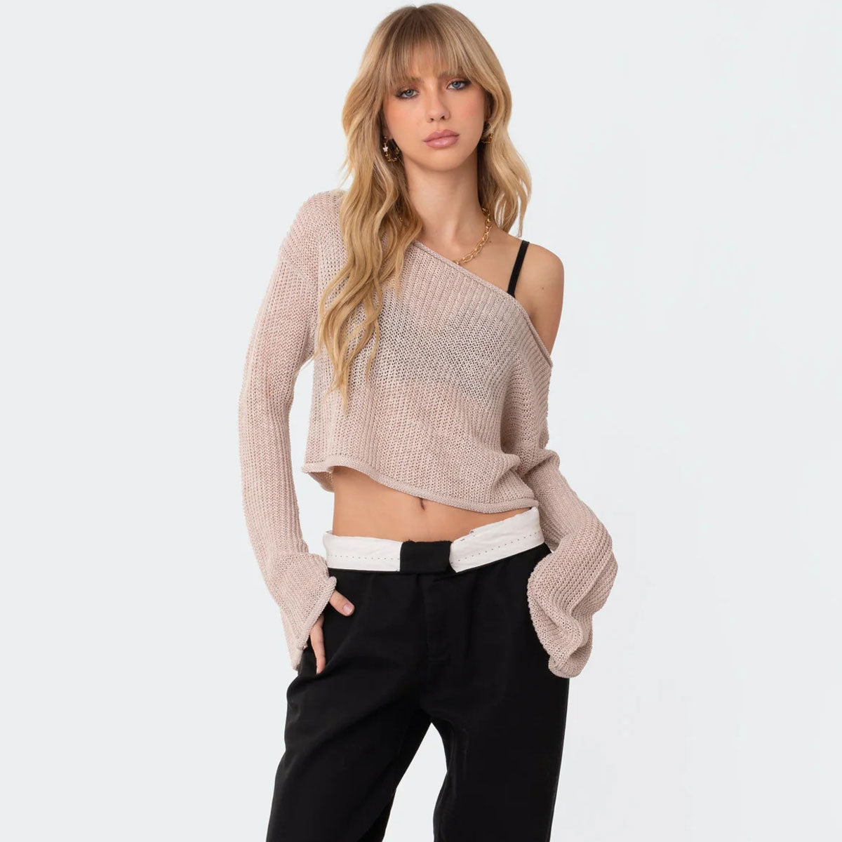 Street Style Roll Trim Boat Neck Long Sleeve Semi Sheer Crop Knit Top