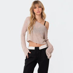 Street Style Roll Trim Boat Neck Long Sleeve Semi Sheer Crop Knit Top