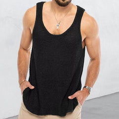 Street Style Scoop Neck Curved Hem Semi Sheer Knit Men Sweater Vest