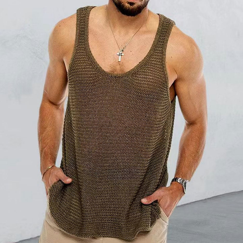 Street Style Scoop Neck Curved Hem Semi Sheer Knit Men Sweater Vest