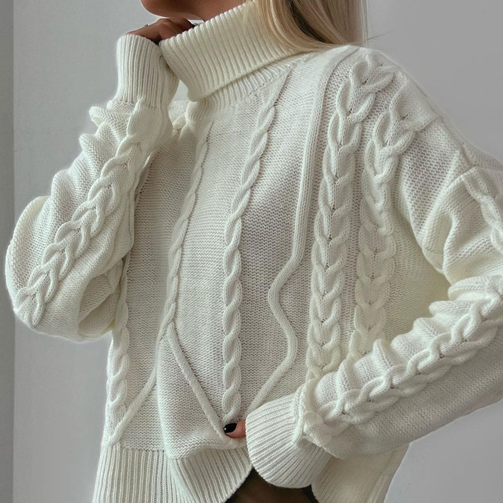 Street Style Turtleneck Drop Shoulder Long Sleeve Oversized Cable Knit Sweater