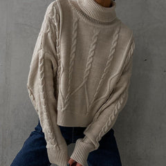 Street Style Turtleneck Drop Shoulder Long Sleeve Oversized Cable Knit Sweater