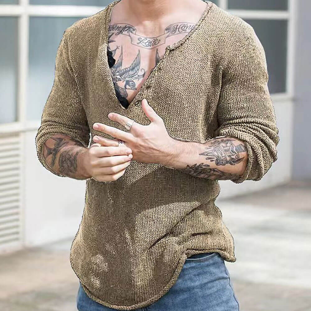 Street Style V Neck Long Sleeve Roll Trim Men Knit Pullover Sweater