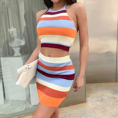 Striped Knit Halter Super Crop Top and Mini Skirt Matching Set