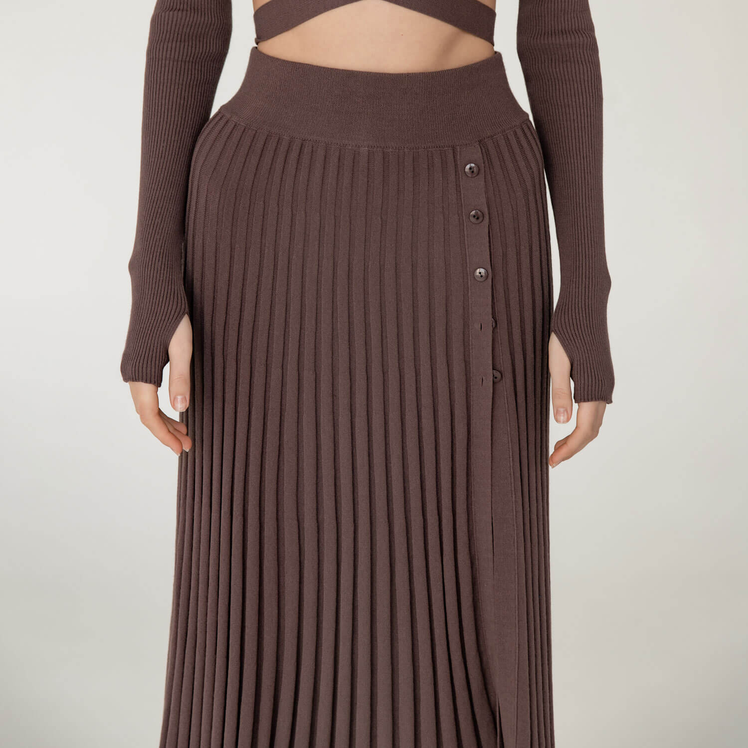 Stylish Buttoned Side Slit High Waist Pleated Knit Midi Skirt