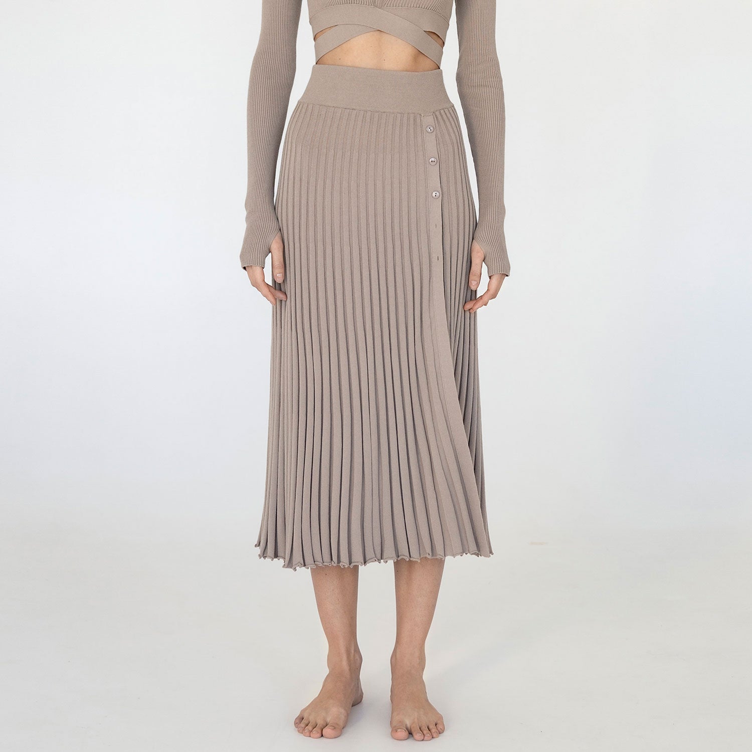 Stylish Buttoned Side Slit High Waist Pleated Knit Midi Skirt