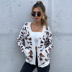 Stylish Khaki Leopard Print V Neck Drop Shoulder Button Up Cardigan