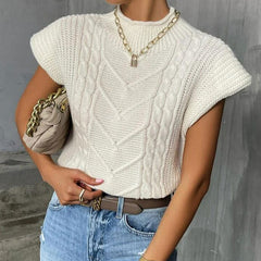 Stylish Solid Roll Trim Mock Neck Cap Sleeve Fisherman Cable Knit Sweater Vest