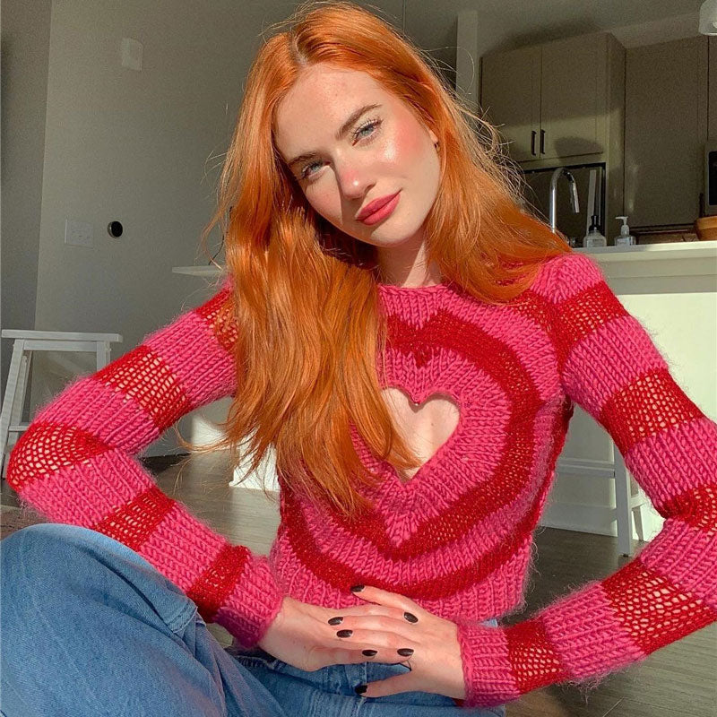 Sweet Red Heart Cutout Striped Print Crew Neck Long Sleeve Cropped Sweater