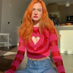 Sweet Red Heart Cutout Striped Print Crew Neck Long Sleeve Cropped Sweater