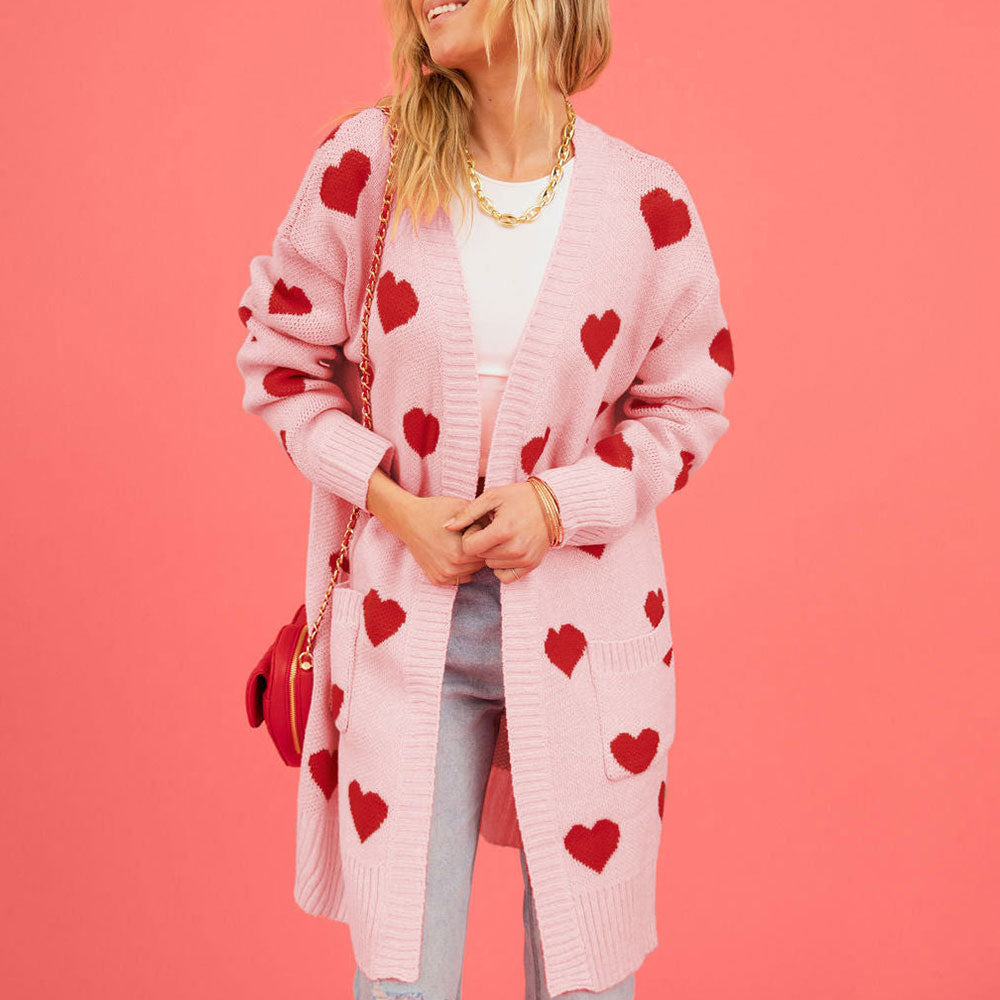 Sweet Love Pattern Collarless Long Sleeve Pocket Detail Open Front Knit Cardigan