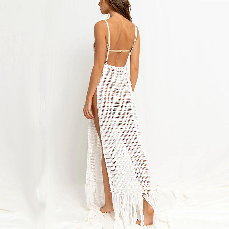 Swingy Fringe Deep V High Split Crochet Open Knit Cover Up