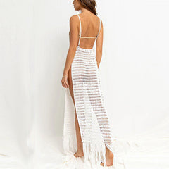 Swingy Fringe Deep V High Split Crochet Open Knit Cover Up