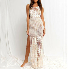 Swingy Macrame Fringe Split Crochet Open Knit White Cover Up Dress