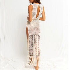 Swingy Macrame Fringe Split Crochet Open Knit White Cover Up Dress