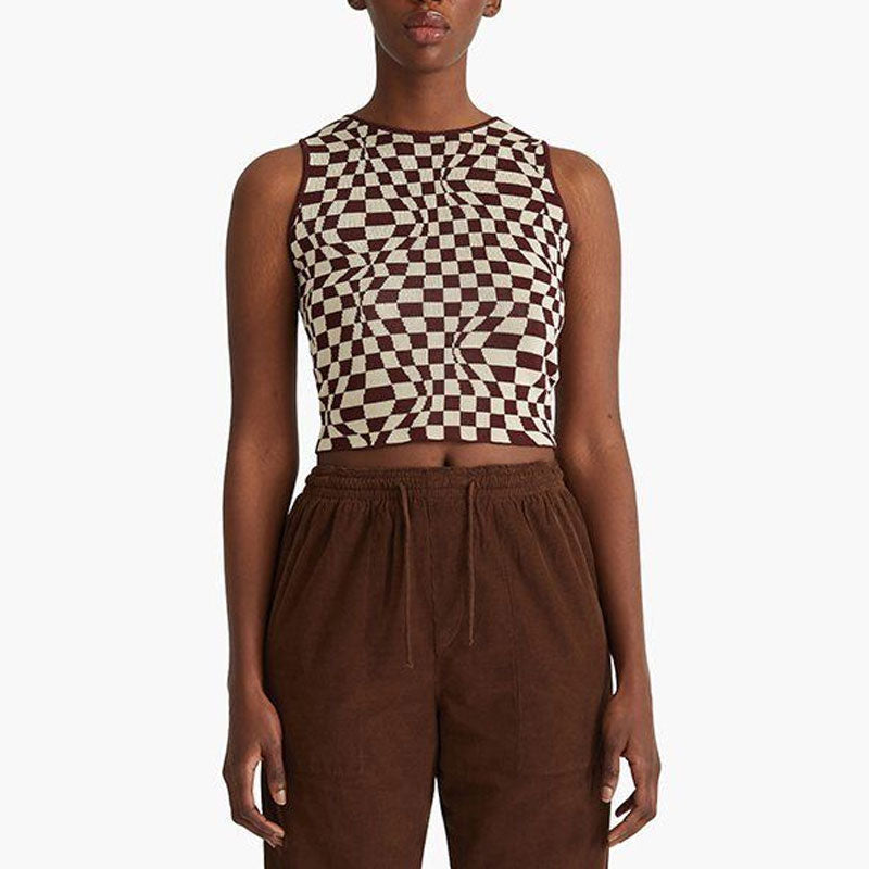 Swirl Checkered Print Crew Neck Sleeveless Fitted Knit Crop Top