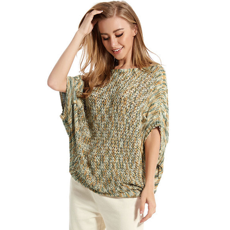 Textured Dolman Short Sleeve Boat Neck Marled Knit Pullover Sweater