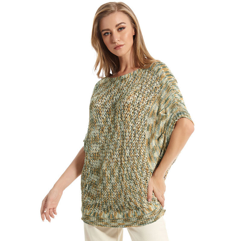 Textured Dolman Short Sleeve Boat Neck Marled Knit Pullover Sweater