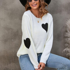 Trendy Contrast Fluffy Heart Round Neck Long Sleeve White Knit Sweater