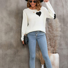 Trendy Contrast Fluffy Heart Round Neck Long Sleeve White Knit Sweater