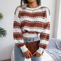 Trendy Crew Neck Balloon Sleeve Marled Knit Striped Sweater