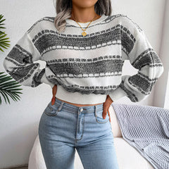 Trendy Crew Neck Balloon Sleeve Marled Knit Striped Sweater